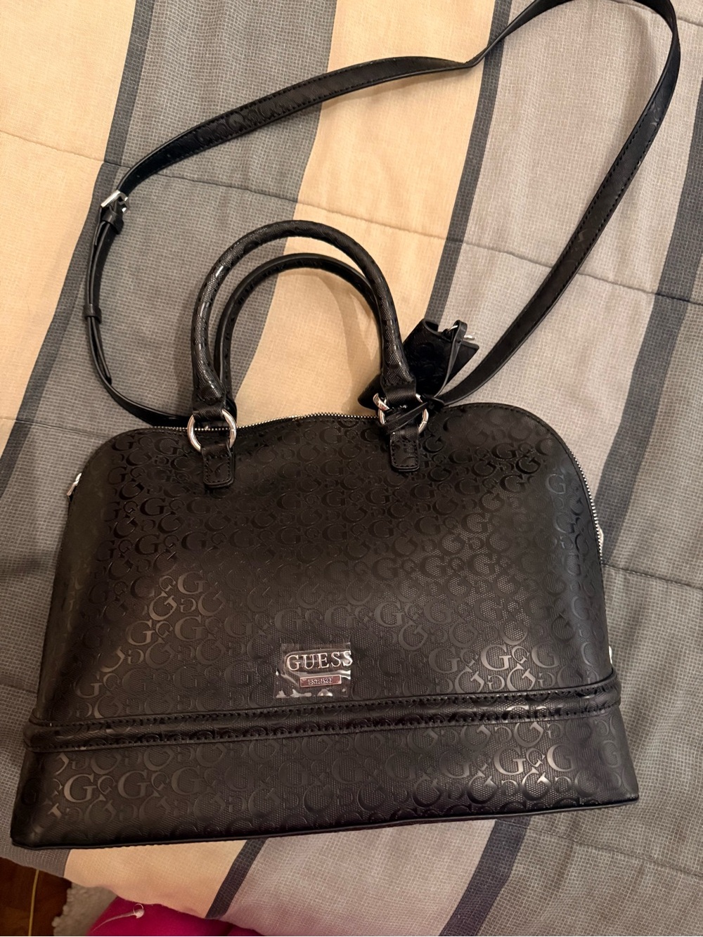 GUESS Black Monogram Dome Satchel with Crossbody Strap